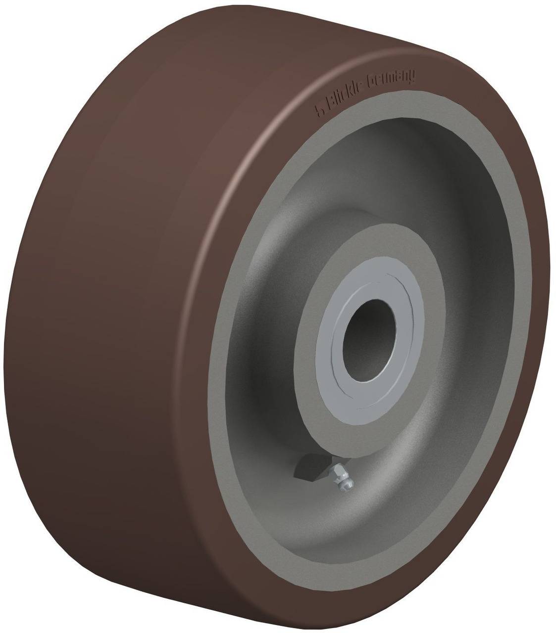 Industrie-Rad aus braunem und grauem Material, für Schwerlastanwendungen konzipiert. Eignet sich für den Einsatz in Produktionsumgebungen.