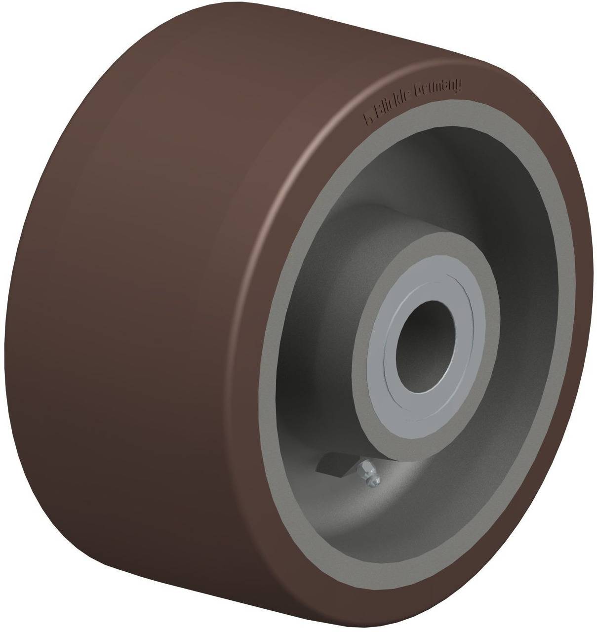 Ein braunes, rundes Rad mit einem metallischen Kern und einer zentralen Achse, geeignet für Transport- oder Industriemaschinen.