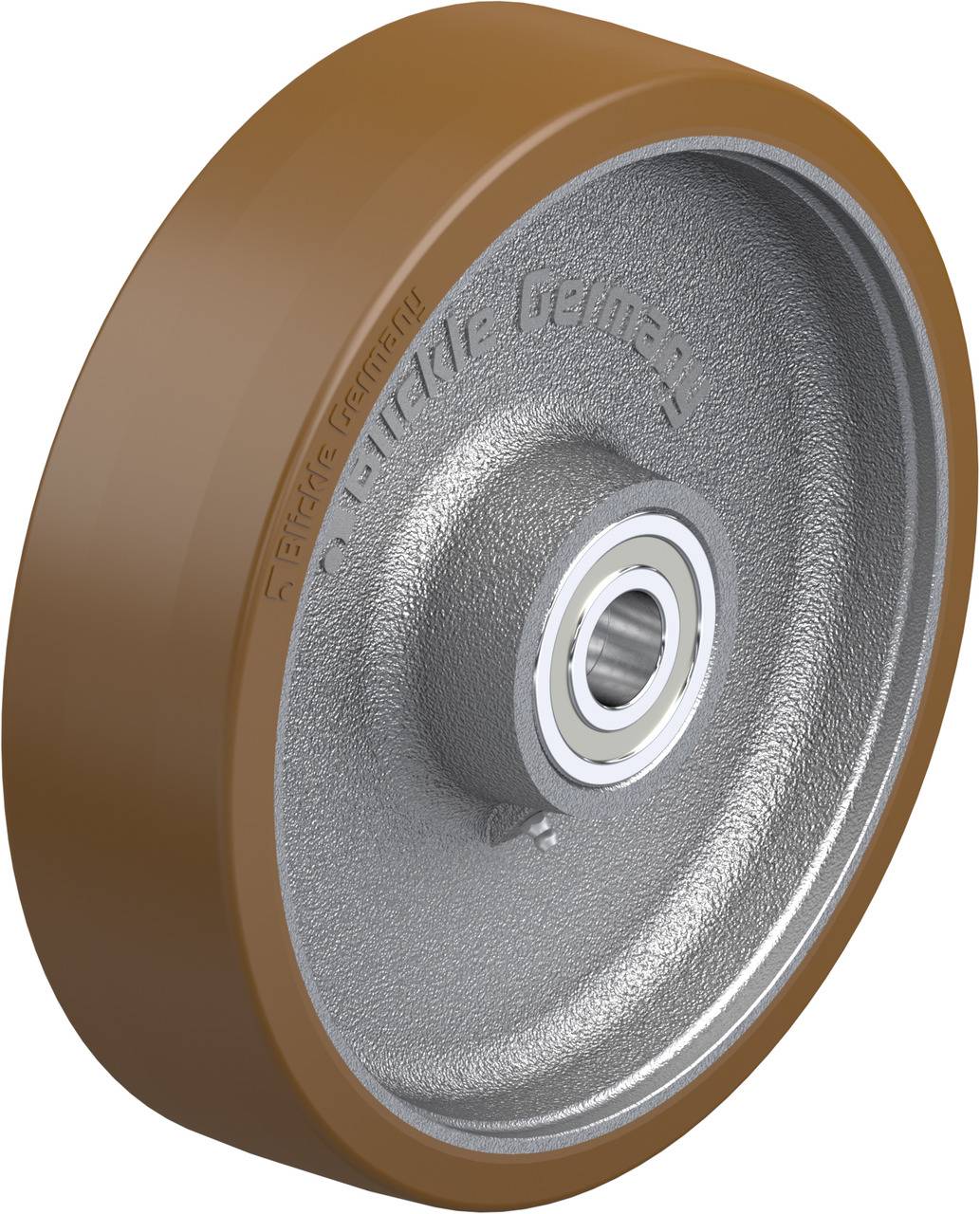 Ein Rad mit brauner Gummilauffläche und metallischem Radkern, das möglicherweise für Transportwagen oder Industrieanwendungen geeignet ist.