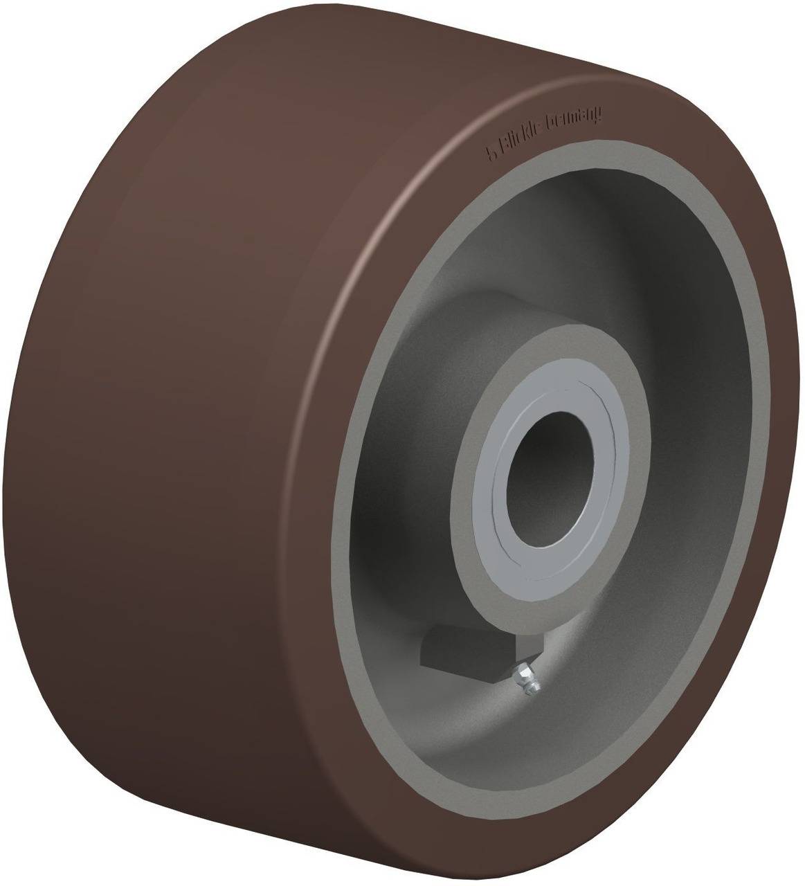 Ein braunes Rad aus robustem Material mit einem grauen Innenkern und einem silbernen Ring, geeignet für Maschinen oder Geräte.