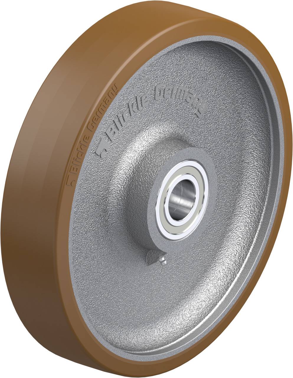 Graues Rad mit brauner Lauffläche und zentralem Kugellager.