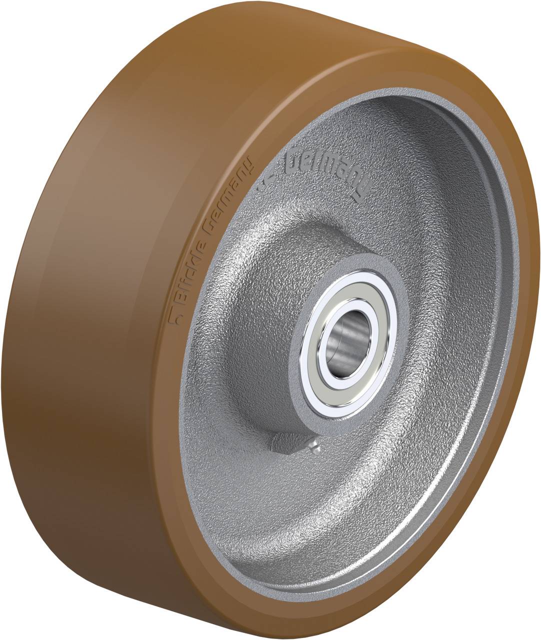 Industrie-Rad aus Metall und braunem Gummi, geeignet für schwere Lasten. Ergonomisch gestaltet für reduzierte Rollwiderstände.
