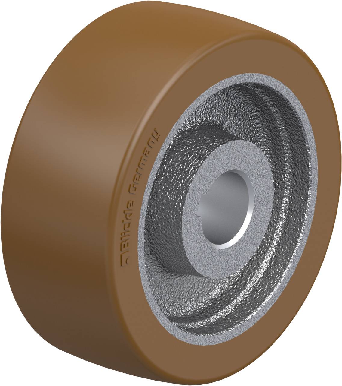 Ein braunes Rad mit einer metallischen, silbernen Mitte. Es scheint robust und industriell gestaltet zu sein, möglicherweise für Maschinen.