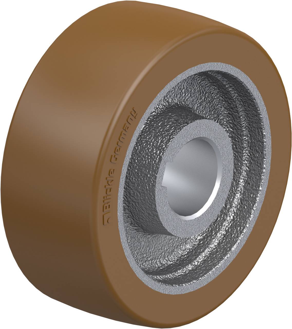 Ein braunes Rad mit grauer Innenfläche und metallischem Innenring, möglicherweise für industrielle oder mechanische Anwendungen geeignet.