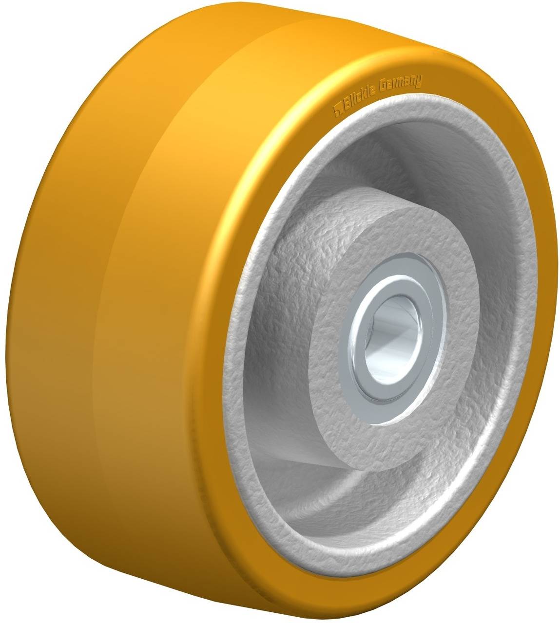 Gelbes Räderwerk mit silberner, geriffelter Innenfläche und metallischem Lager in der Mitte, geeignet für Lastenrollen.