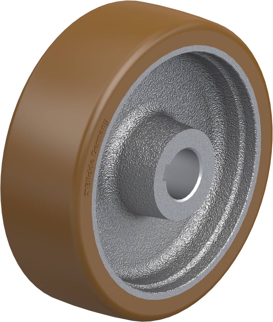 Ein braunes, massives Rad aus Metall und Kunststoff mit glatter Oberfläche und einheitlicher Form, möglicherweise für industrielle Anwendungen.