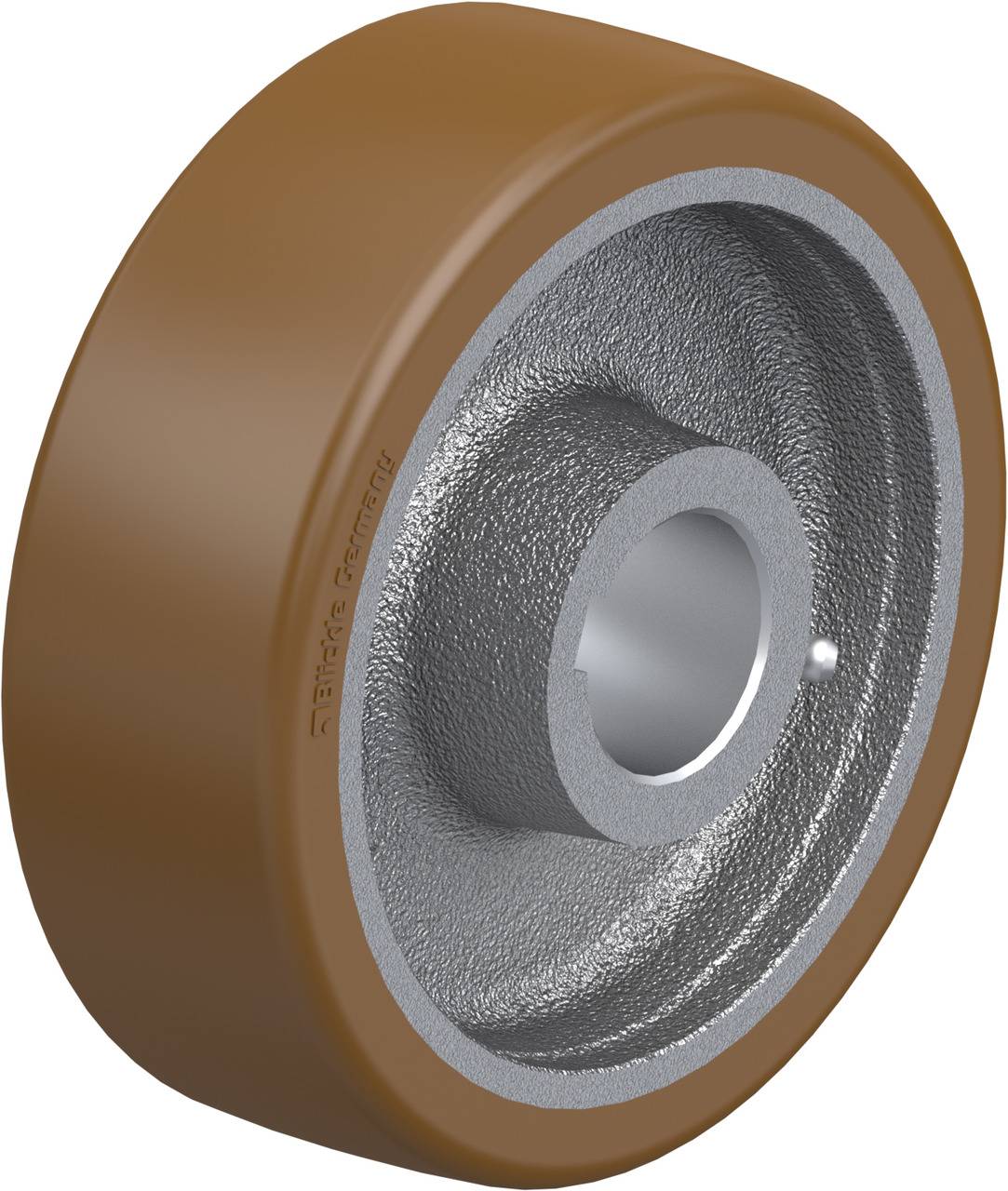 Industrielles Rad aus festem Metall oder Kunststoff mit einer glatten, braunen Außenfläche und einem silbernen Innenring.