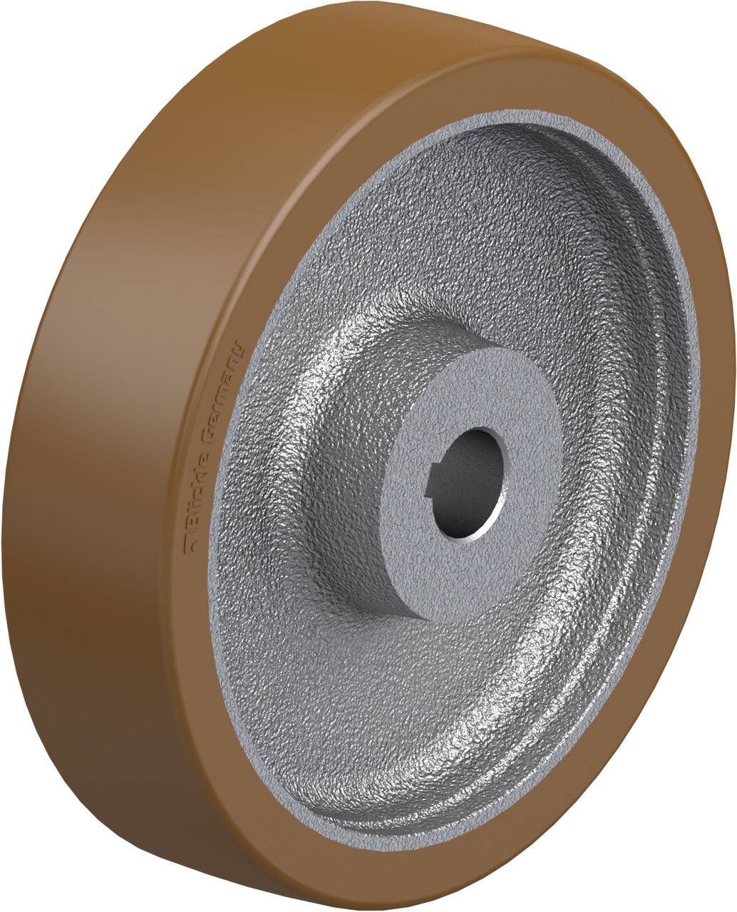 Ein braunes Rad mit silbernem Innenring und zylindrischer Öffnung, wahrscheinlich ein Ersatzteil für Maschinen oder Fahrzeuge.