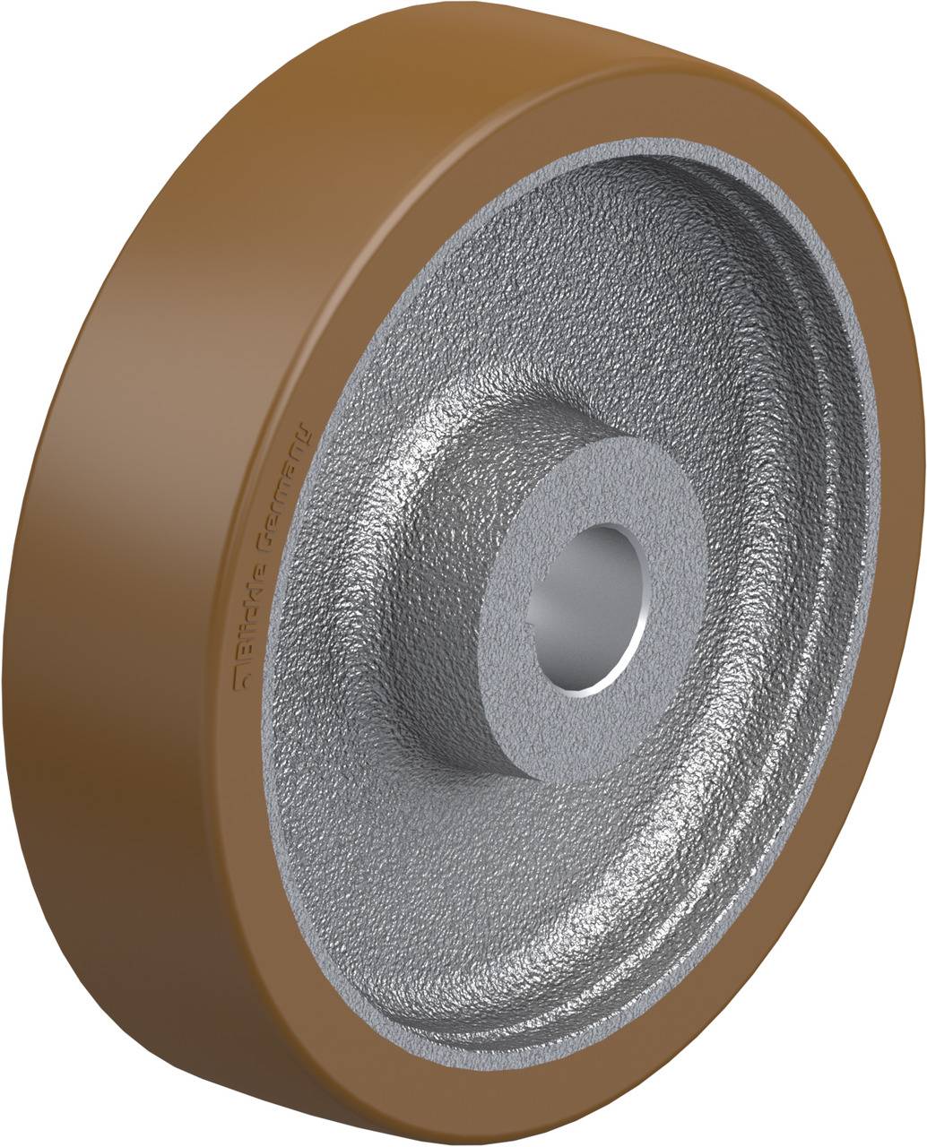 Industriewerkzeugrad aus Metall mit brauner Beschichtung, geeignet für Schwerlastanwendungen.