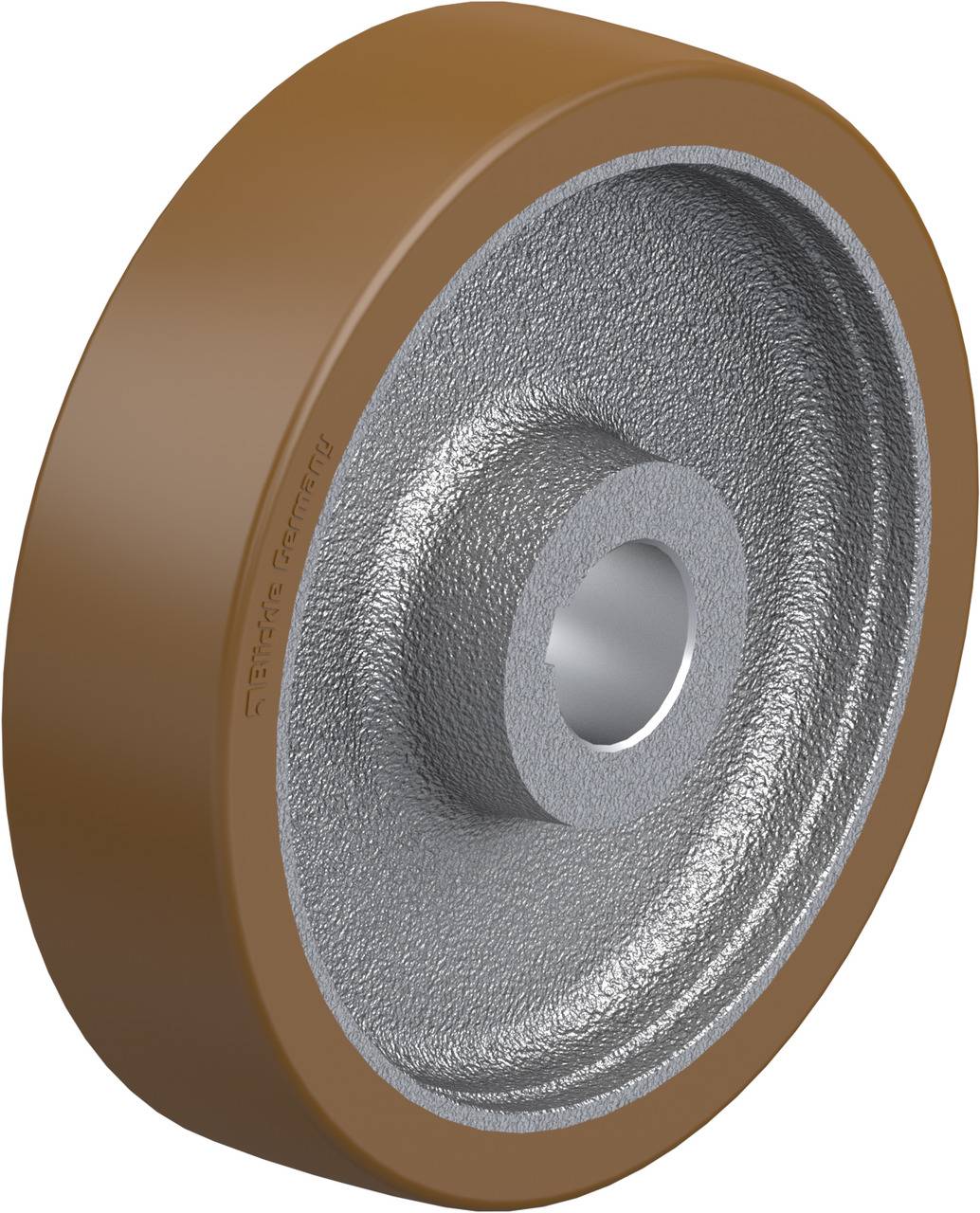 Industrie-Gummirad, metallische Innenseite mit grauer Beschichtung, Außenfläche braun, geeignet für Transportgeräte und Maschinen.
