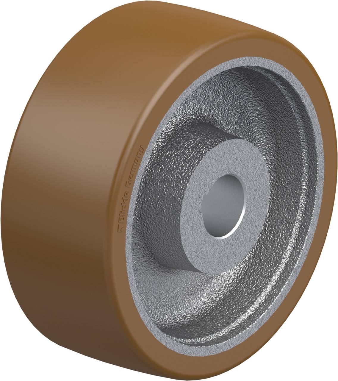 Industrie-Rad mit braunem Laufbelag und silberner Nabe, geeignet für Schwerlastanwendungen.