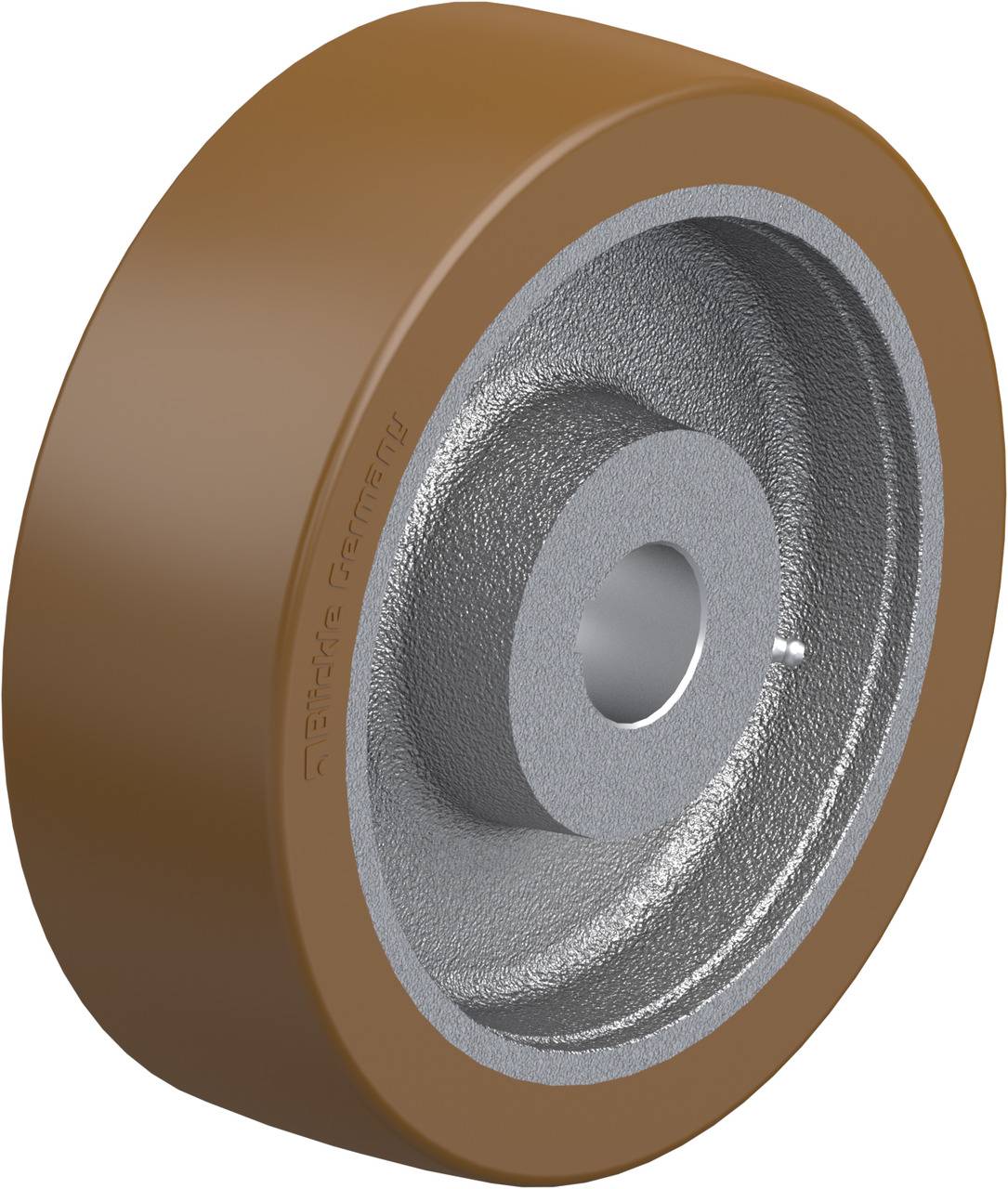 Braunes Rad mit metallischer Mitte, geeignet für Maschinen oder Industrieanwendungen. Rechte Seite zeigt Bohrung für Achse.