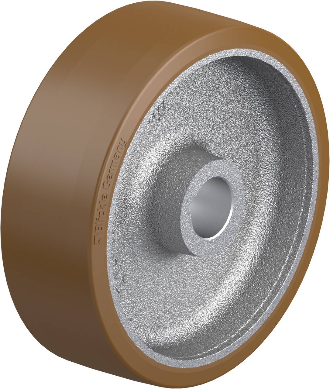 Ein braunes Rad mit silberner Innenseite, metallisch, vermutlich als Industriekomponente oder Ersatzteil verwendet.