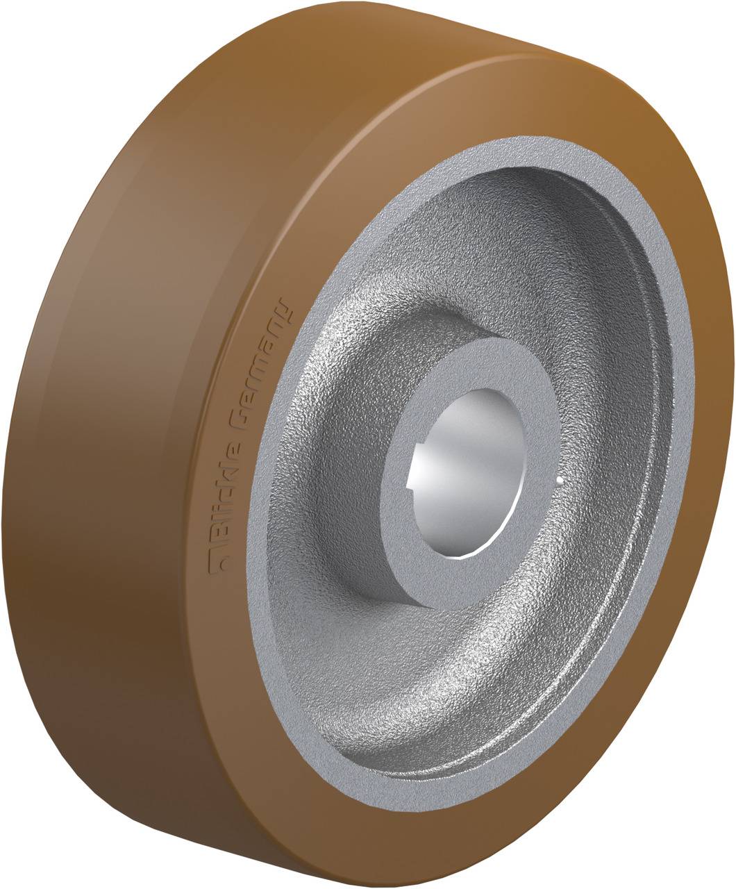 Ein einzelnes braunes, beschichtetes Rad mit Metallkern, dargestellt aus seitlicher Perspektive. Geeignet für industrielle Anwendungen.