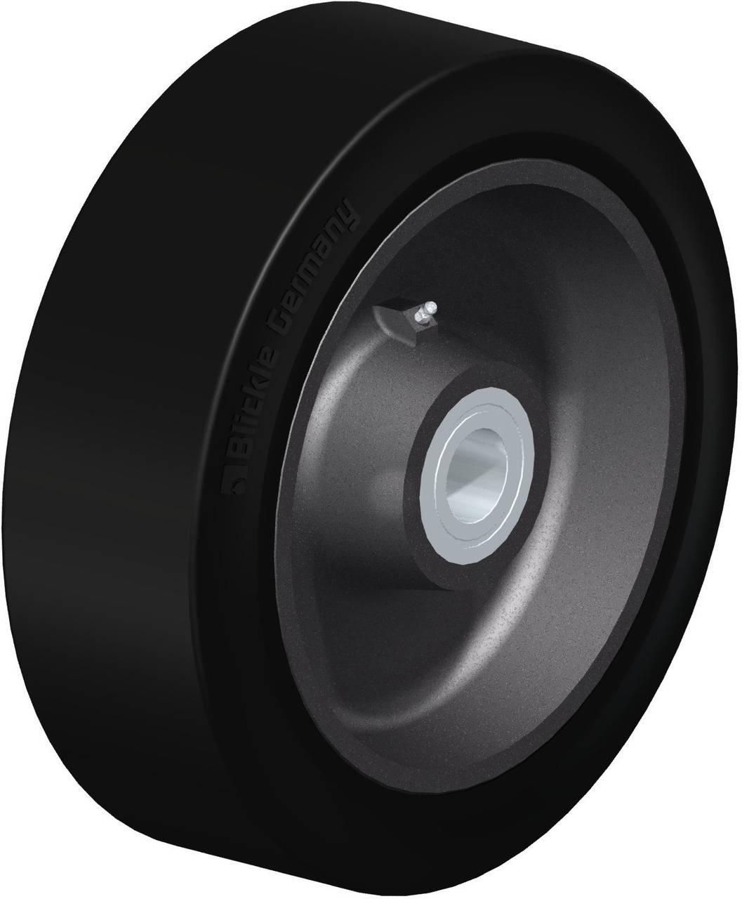 Schwarzes Laufrollenrad aus Gummi mit metallischem Innenring, geeignet für den Einsatz in industriellen Anwendungen.