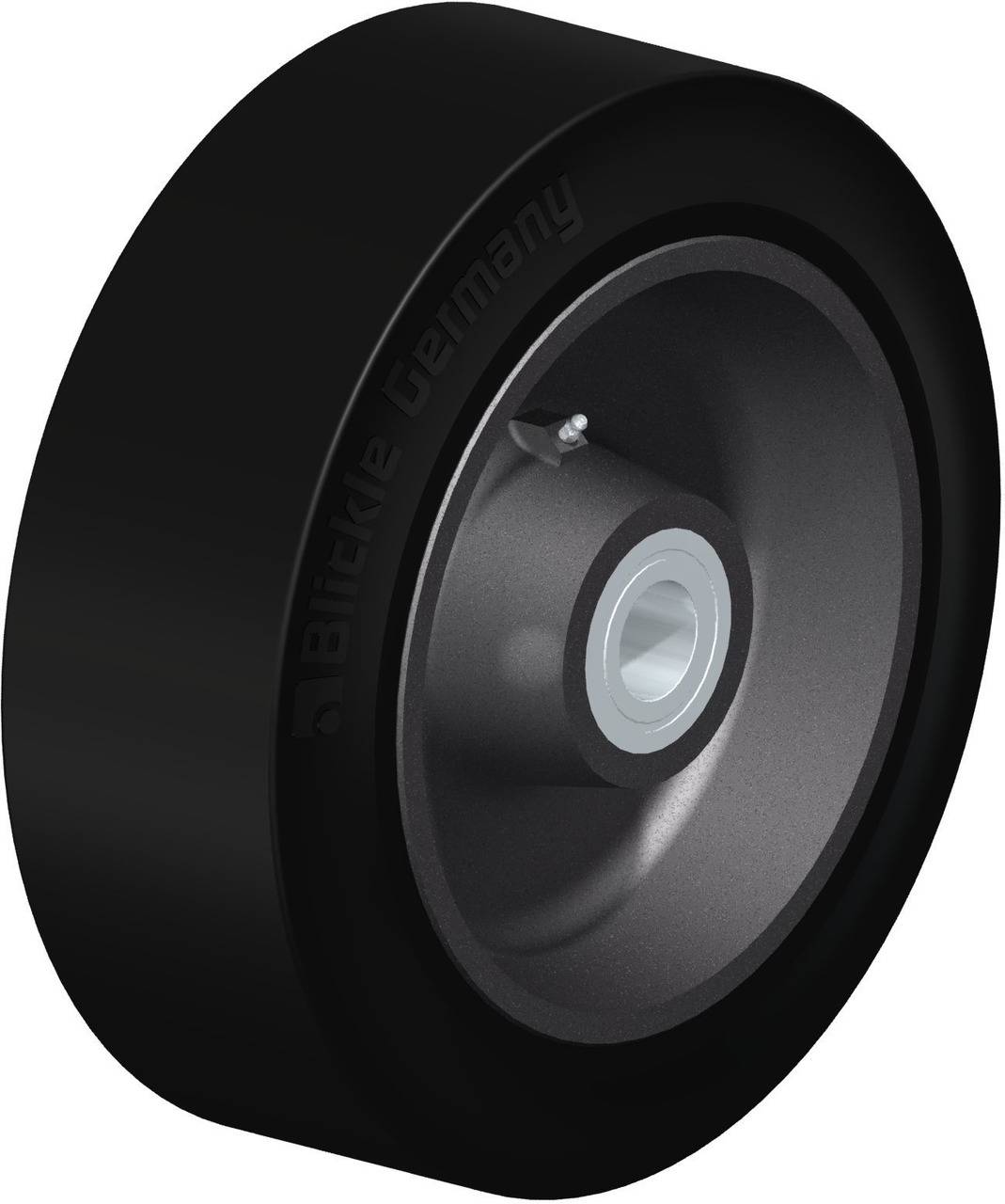 Ein schwarzes Rad aus Kunststoff von Blickle Germany, geeignet für Transportausrüstungen. Es hat eine glatte, robuste Oberfläche.