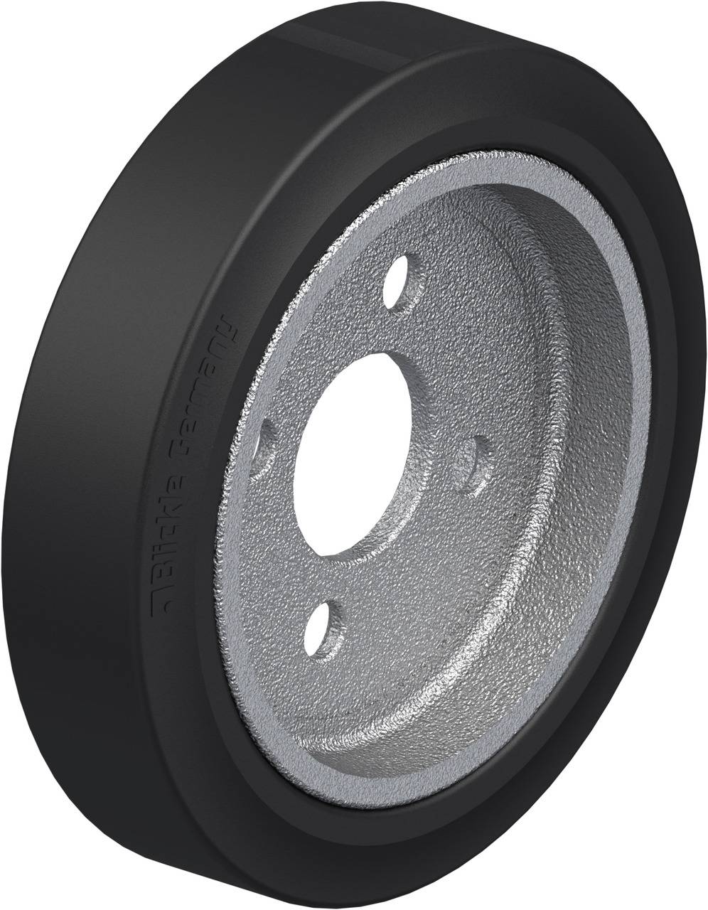 Ein schwarzes Rad mit silberner Metallmitte und Löchern, möglicherweise ein Teil eines größeren mechanischen Systems.