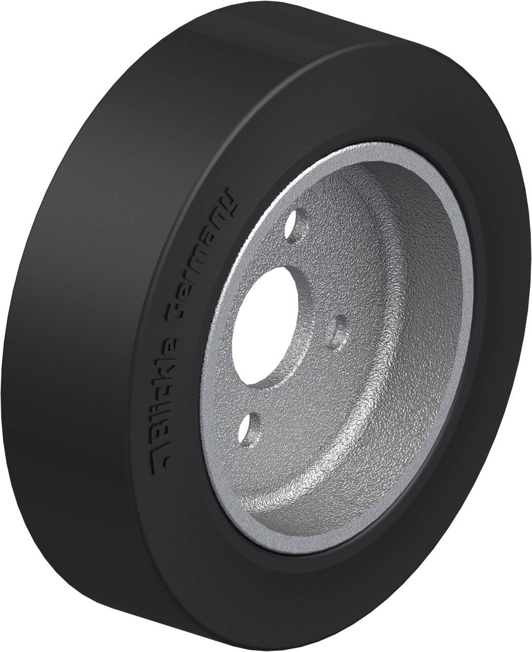 Ein schwarzes Industrierad mit metallischem Innenring und runder Öffnung in der Mitte.