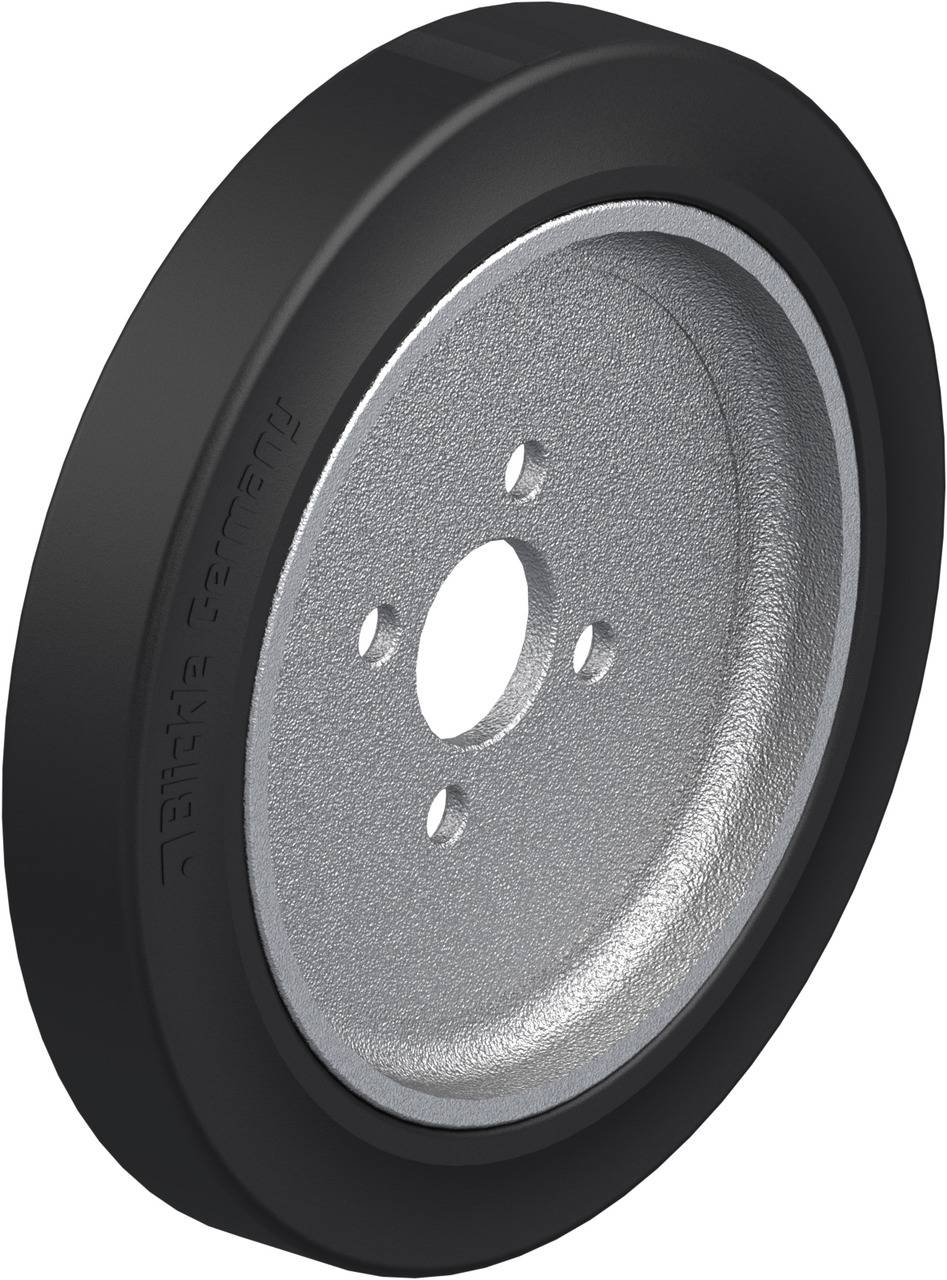 Schwarzes Rad mit silbernem Zentrum und drei kleinen Löchern, geeignet für Industrieanwendungen oder Transportwagen.