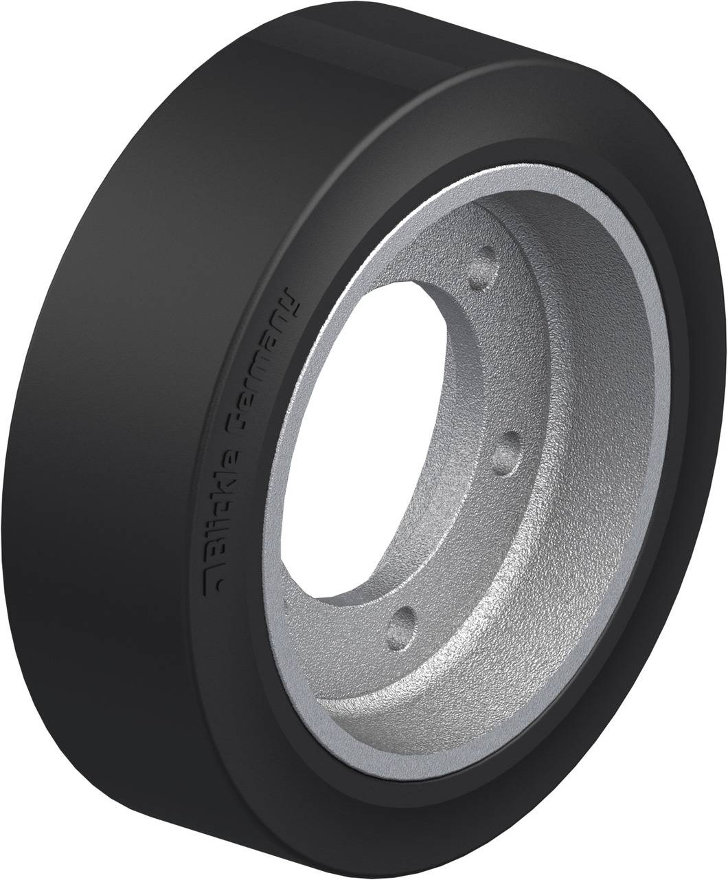 Schwarzes Rad mit silberner Innenseite, geeignet für industrielle Anwendungen oder Fahrzeuge, mit glatter Oberfläche und robustem Design.