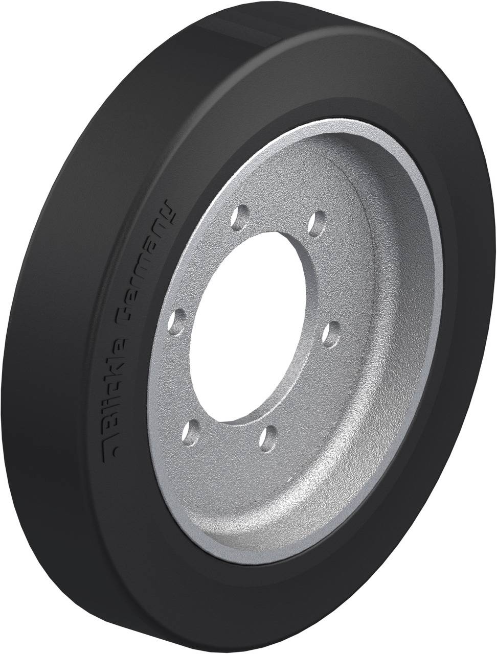 Schwarzes Rad aus Metall und Gummi, fünf Löcher um die zentrale Öffnung herum. Geeignet für Fahrwerke und Maschinen.