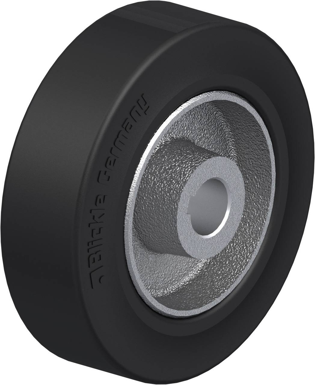 Schwarzes Industrie-Rad mit Metall-Innenring. Gezeigt in seitlicher Ansicht mit sichtbaren Prägungen auf dem Rad.