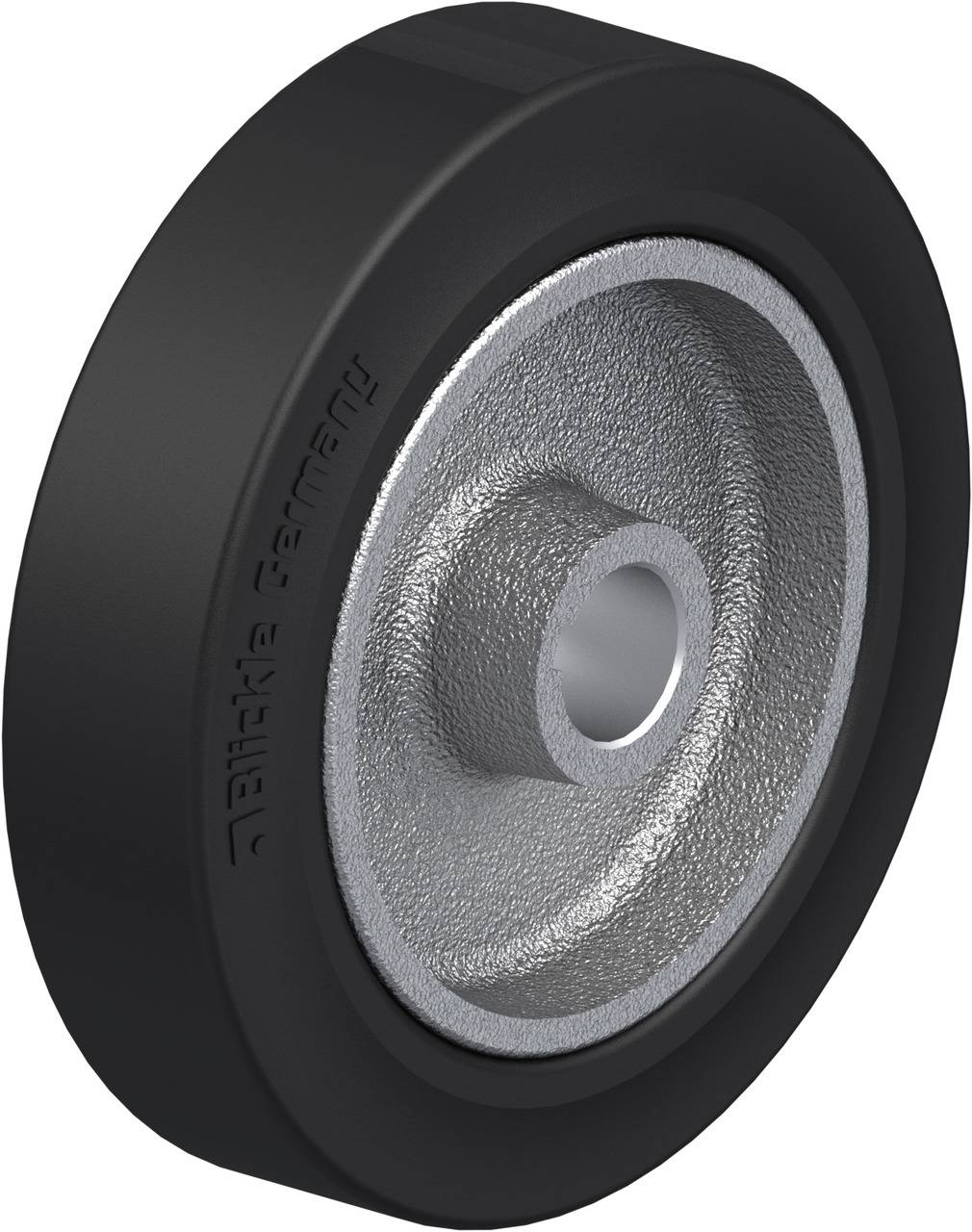 Schwarzes Gummi-Rad mit silberner Mitte. Geeignet für den Einsatz in Maschinen oder als Ersatzteil für Rollwagen.