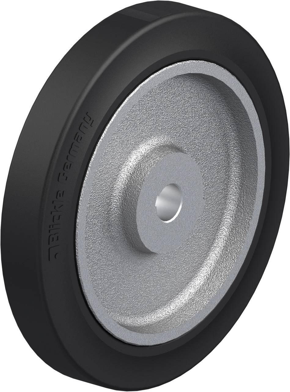 Schwarzes Rad mit silberner Felge, geeignet für Industrieanwendungen. Robust und funktional.