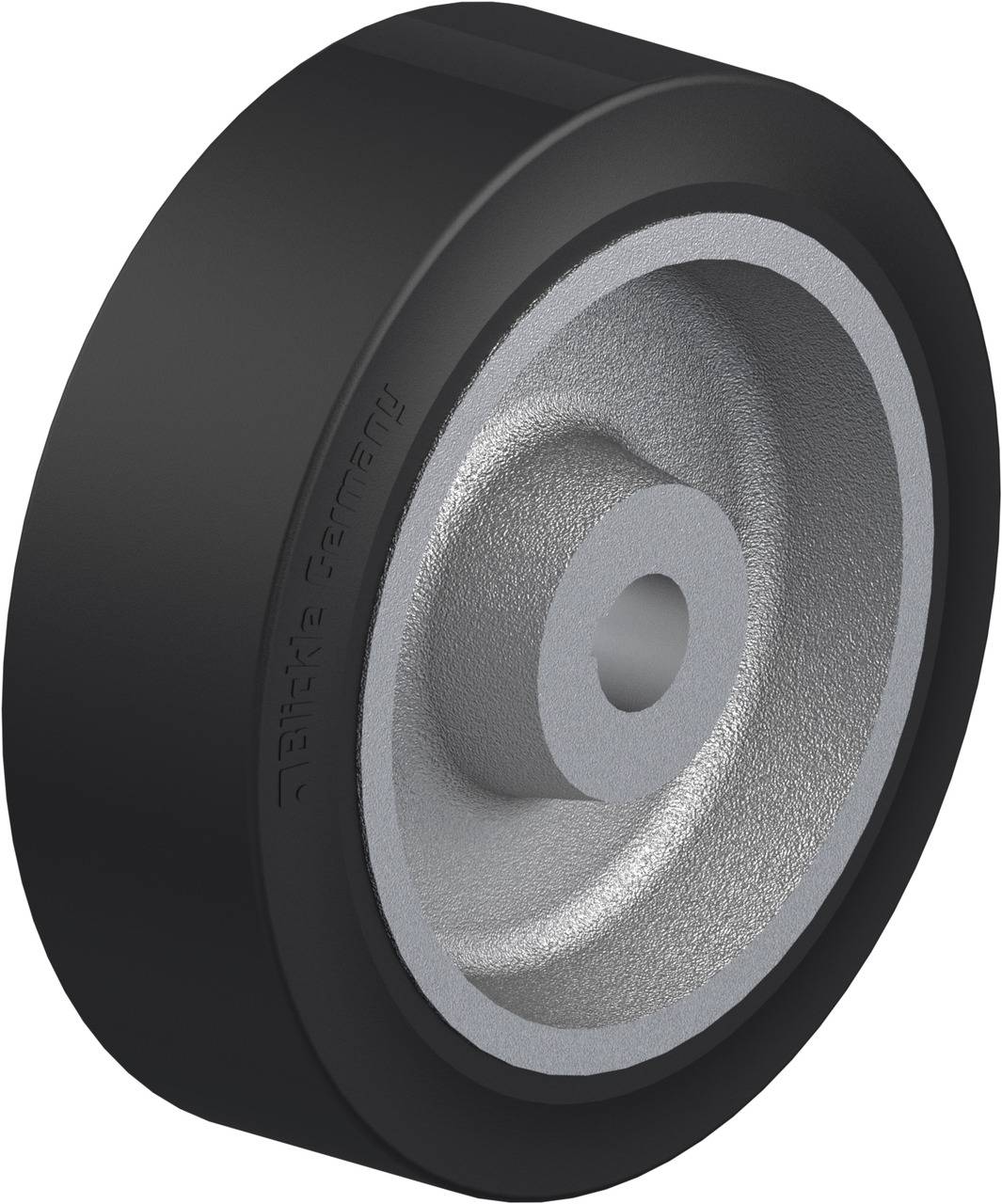 Schwarzes, rundes Rad aus Kunststoff mit silberner, metallischer Innenseite und einem Loch in der Mitte, geeignet für Möbel oder Geräte.