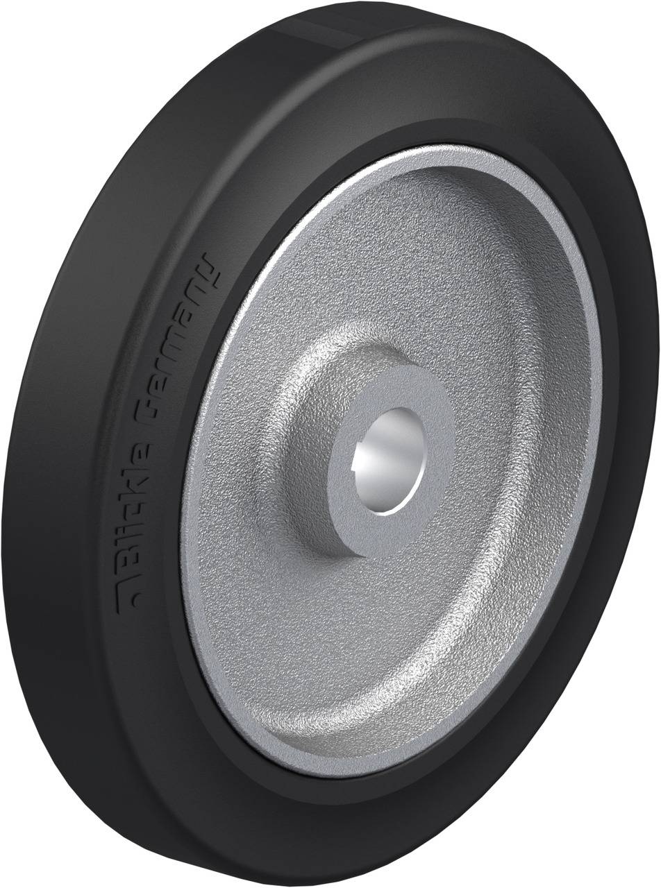 Industrierad aus Metall mit schwarzem Gummireifen, geeignet für Transportgeräte oder Maschinen.