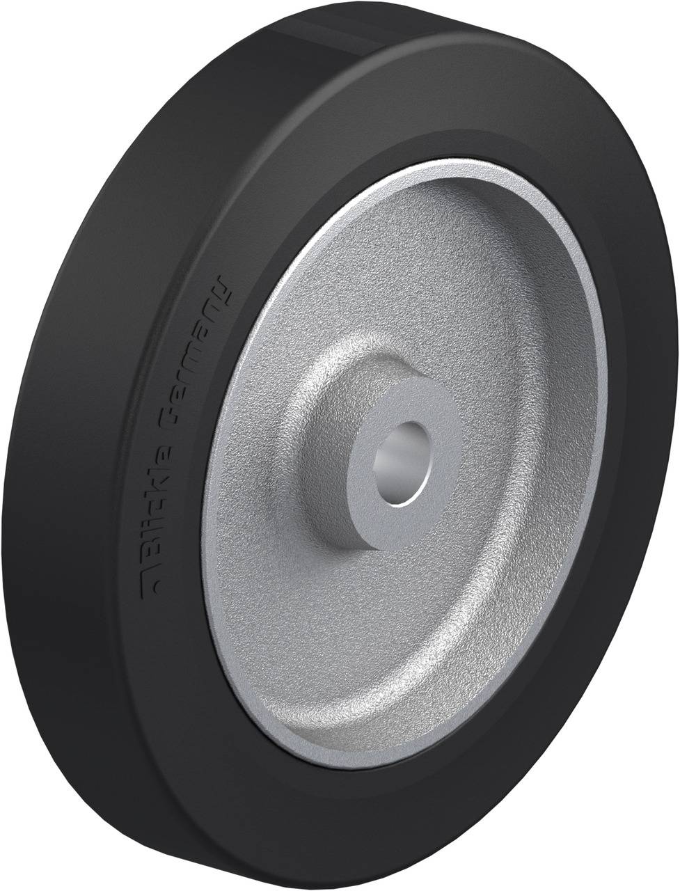 Schwarzes Rad mit silberner Mitte, geeignet für industrielle Anwendungen. Robuste Konstruktion für Langlebigkeit.