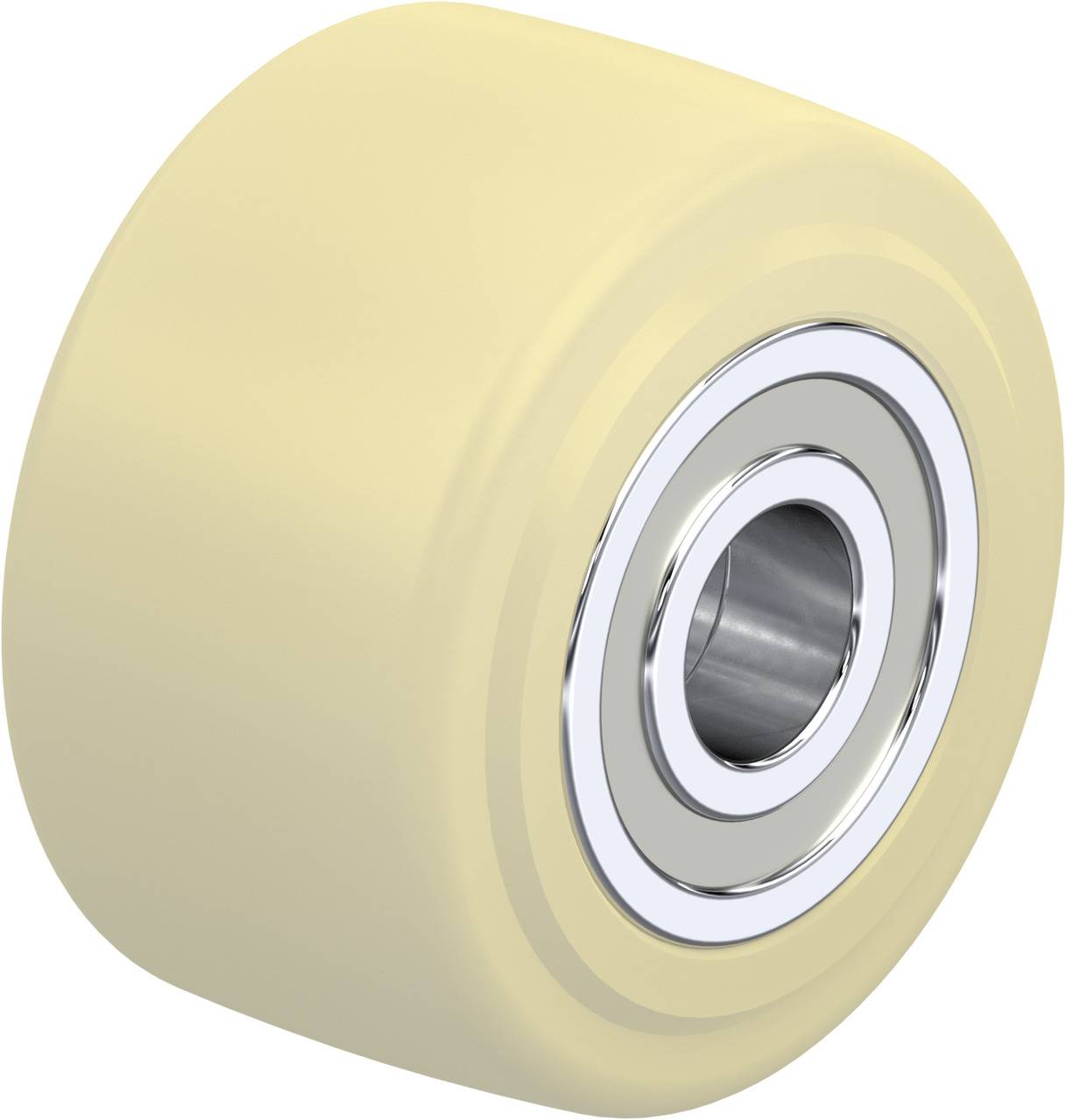 Ein beiges Rad mit Metalllager, wahrscheinlich für Rollschuhe oder Skateboards geeignet, auf weißem Hintergrund.