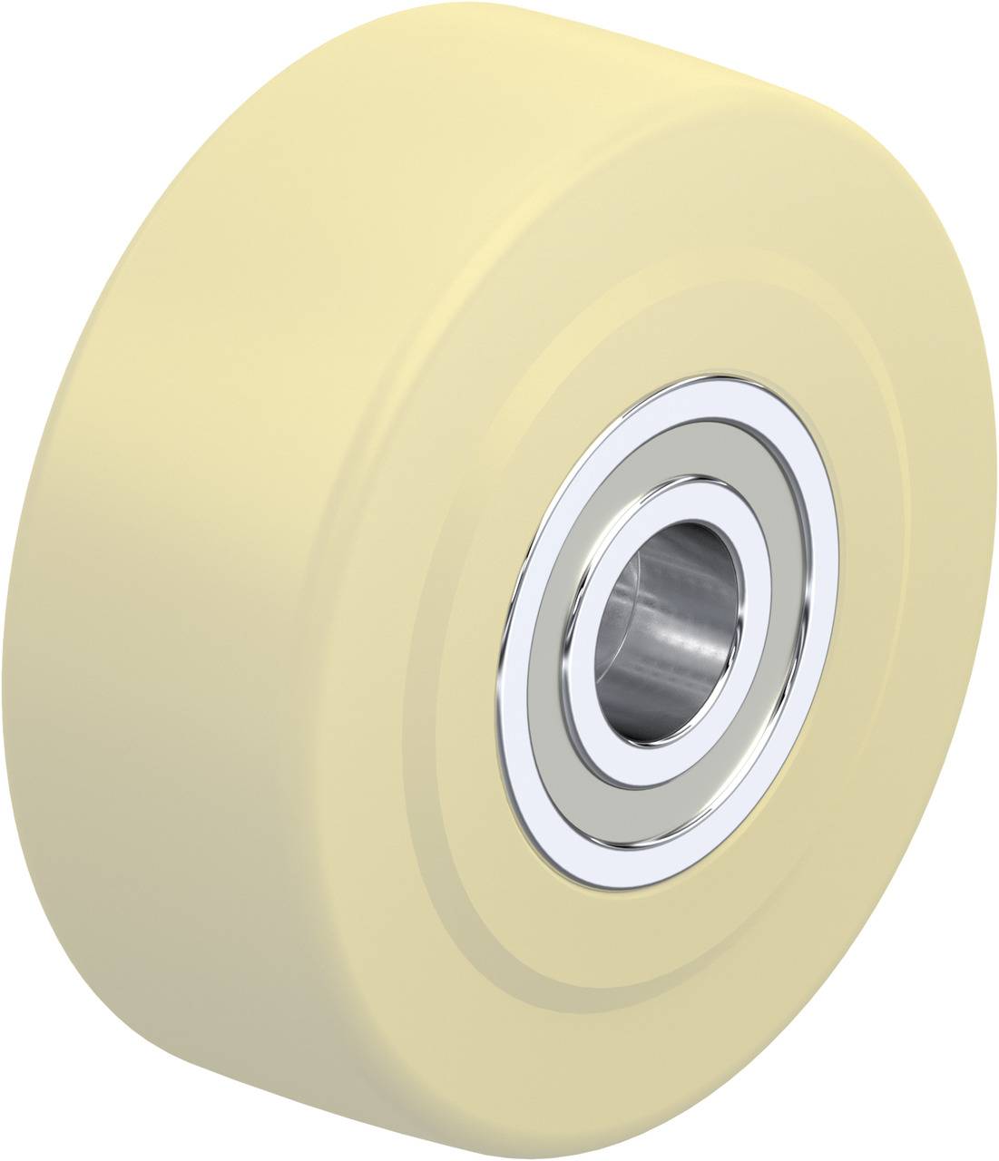 Ein cremefarbenes Rad mit einem silbernen Kugellager in der Mitte, geeignet für mechanische Anwendungen oder Geräte.