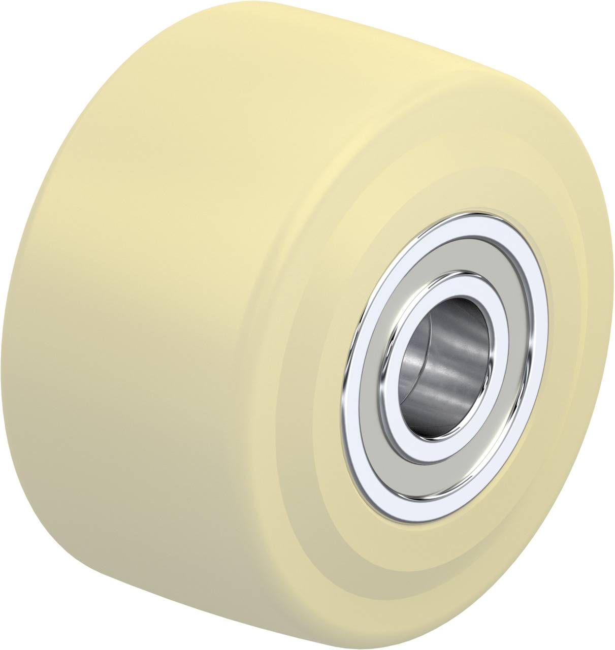 Gelbes Rad aus Kunststoff mit Metall-Kugellager in der Mitte, geeignet für den Einsatz in Maschinen oder Geräten.