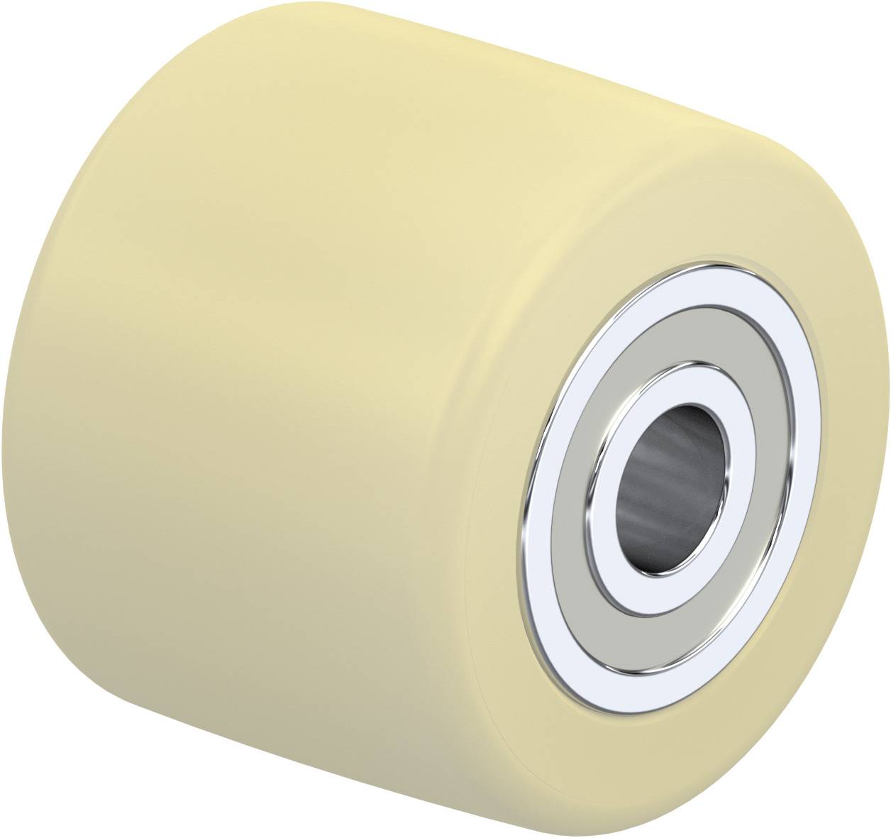 Beige Rolle mit silbernem Kugellager, verwendet für Skates oder ähnliches, zeigt vordere Ansicht.