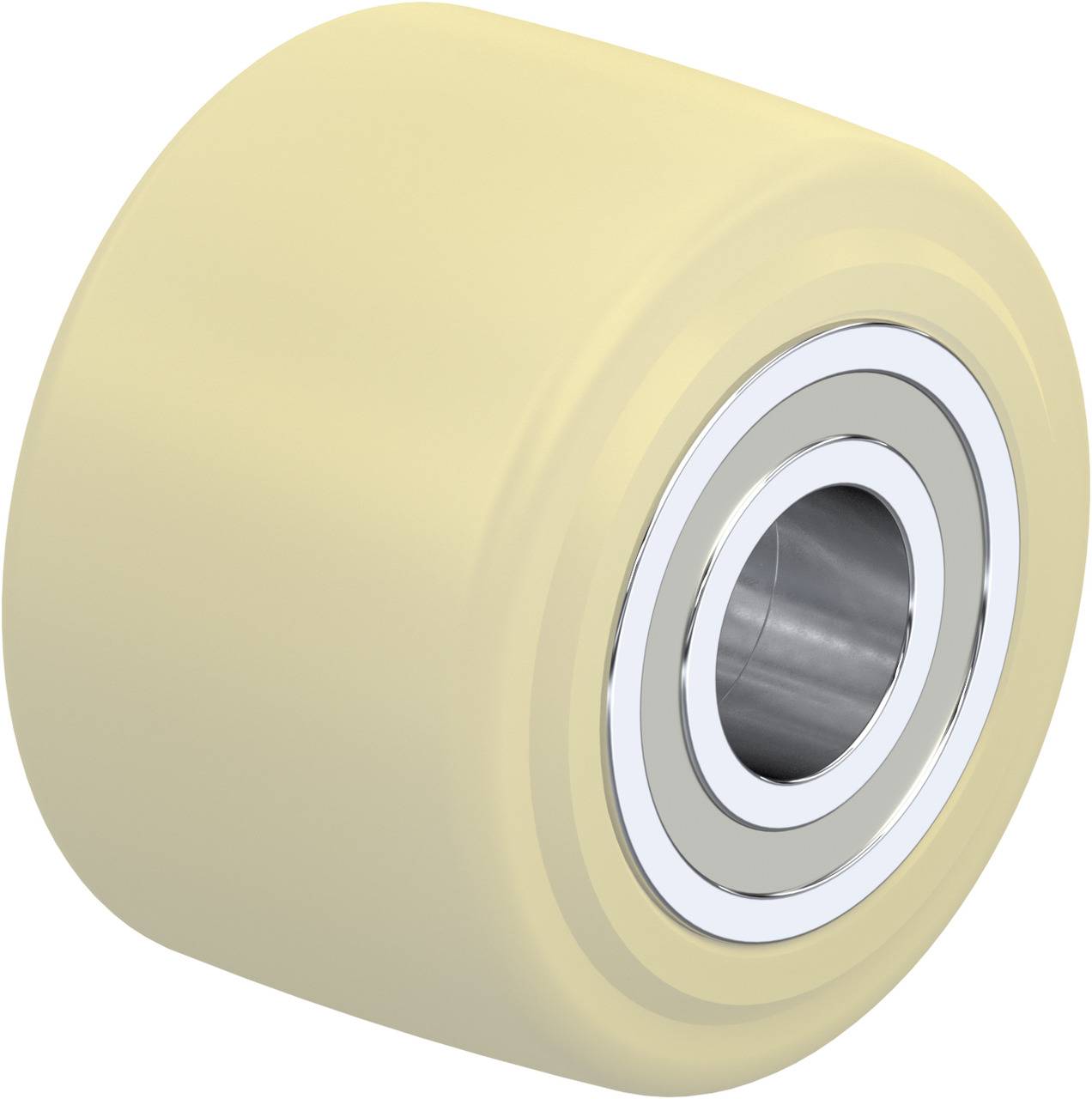 Beige Rad mit glänzendem Metallkern und Lager, geeignet für Rollen oder Maschinen.