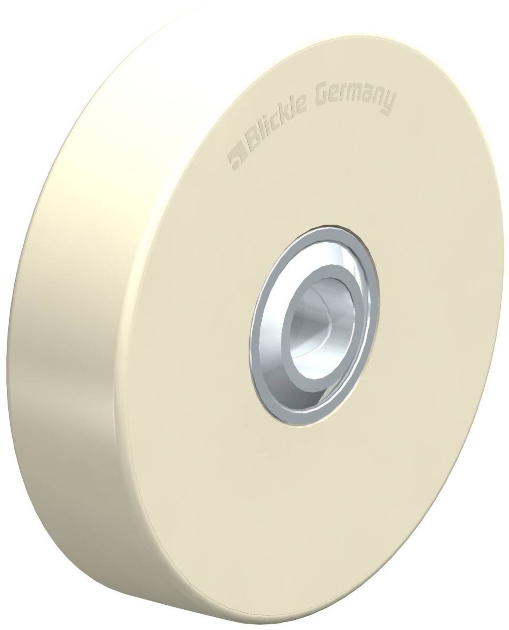 Beige Kunststoffrad mit Metalleinsatz, beschriftet mit 'Blickle Germany'. Geeignet für leichte bis mittlere Anwendungen.