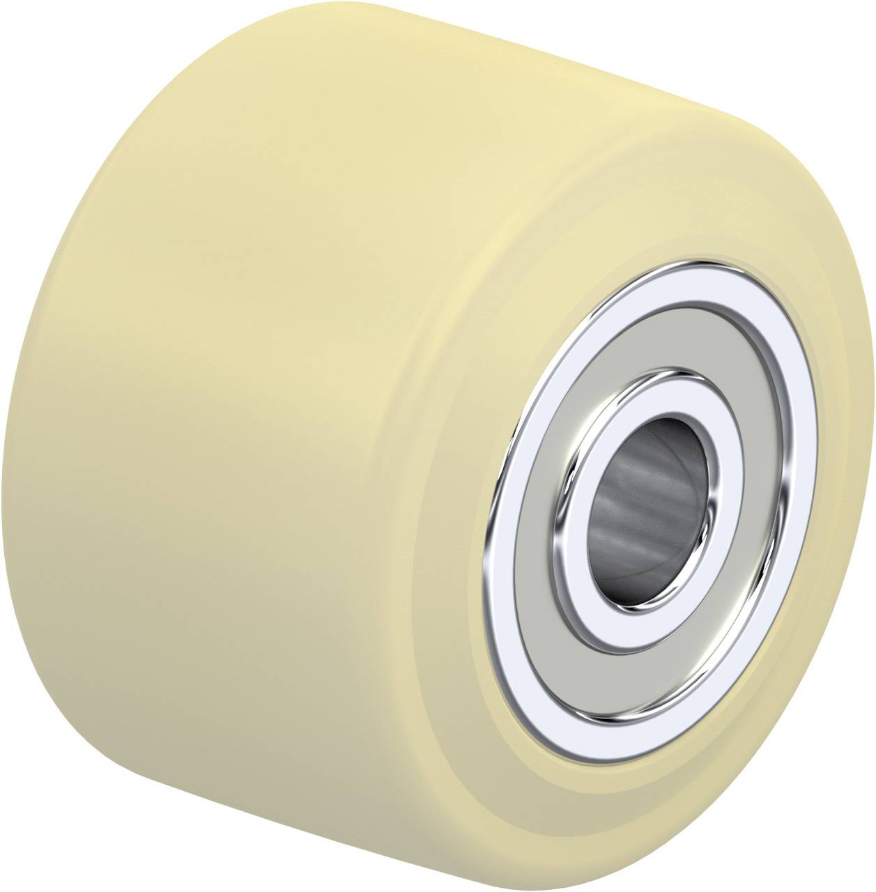 Beiges Rad mit silbernem Kugellager in der Mitte, geeignet für leichte bis mittlere Anwendungen.
