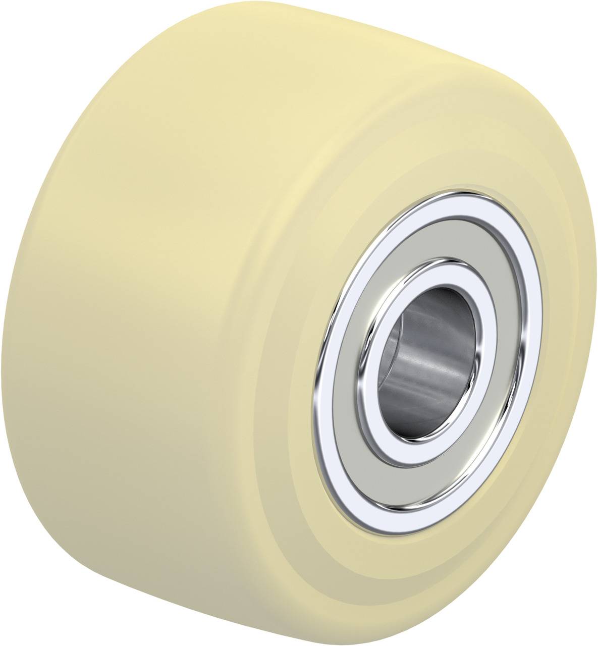 Ein einzelnes Skateboardrad aus cremefarbenem Kunststoff mit einem sichtbaren Metallkugellager in der Mitte.<br><br>