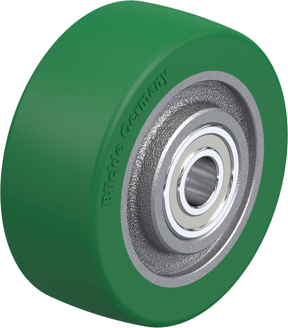 Grünes Rad mit Metallkern und Kugellager, hergestellt in Deutschland.