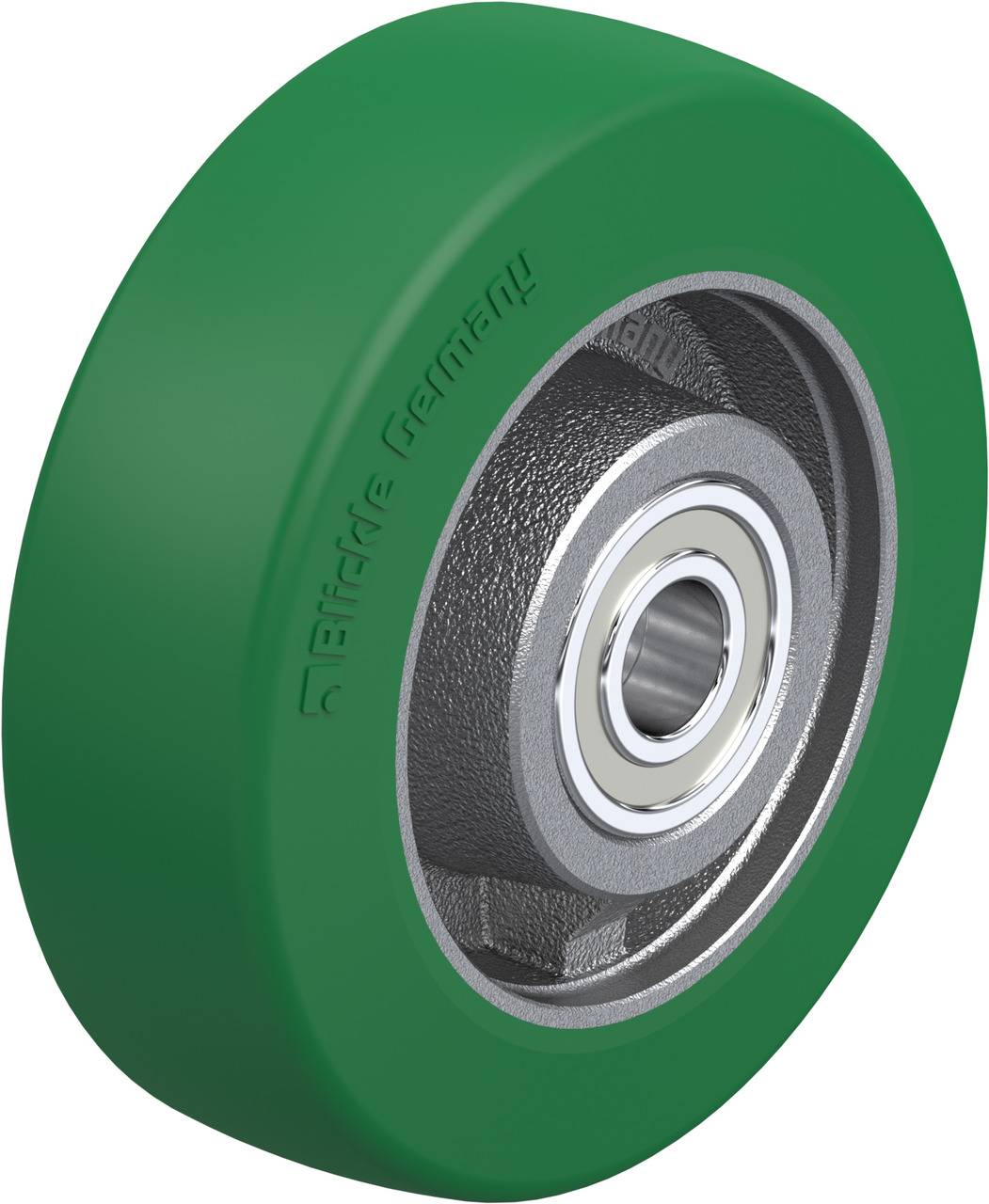 Grünes Rad mit silbernem Kugellager, geeignet für industrielle Anwendungen. Oberflächenmaterial sorgt für leisen Lauf.