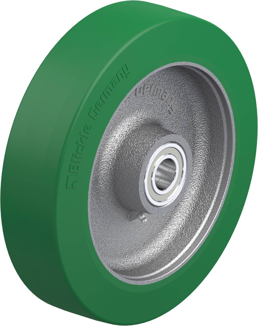Grünes Industrierad mit Gehäuse aus Metall und integriertem Kugellager, geeignet für schwere Lasten, hergestellt in Deutschland.
