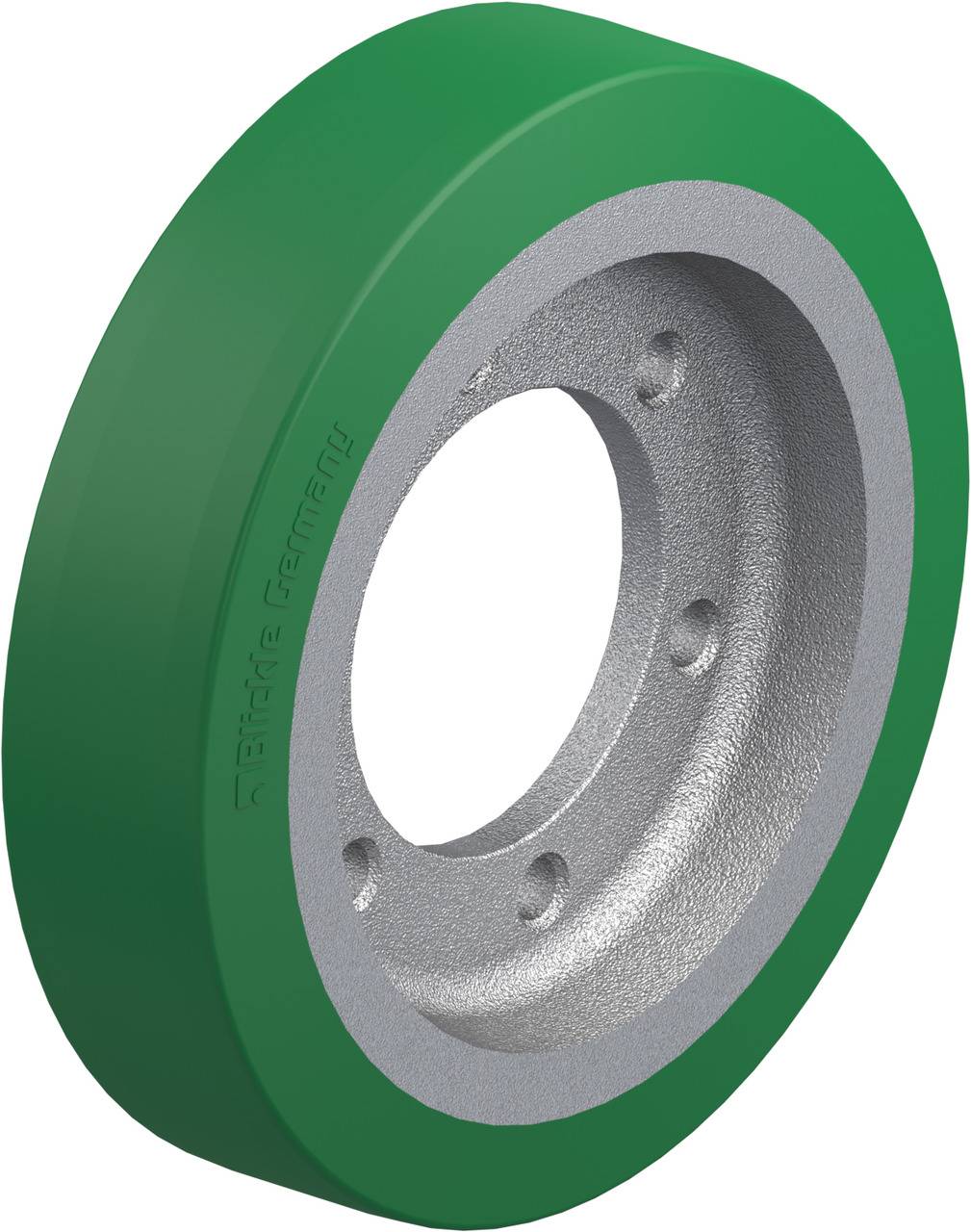 Grünes Rad mit Metallkern, das industriell verwendet wird; in Perspektive gezeigt.