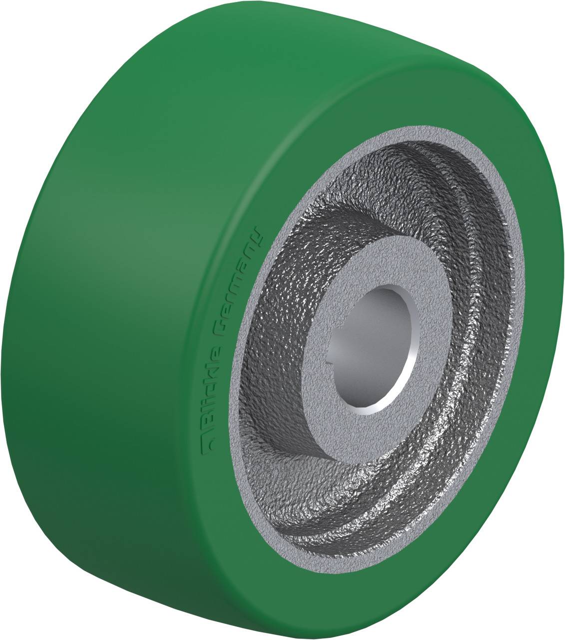 Ein grün ummanteltes Rad mit silbernem Kern, möglicherweise aus Metall gefertigt.