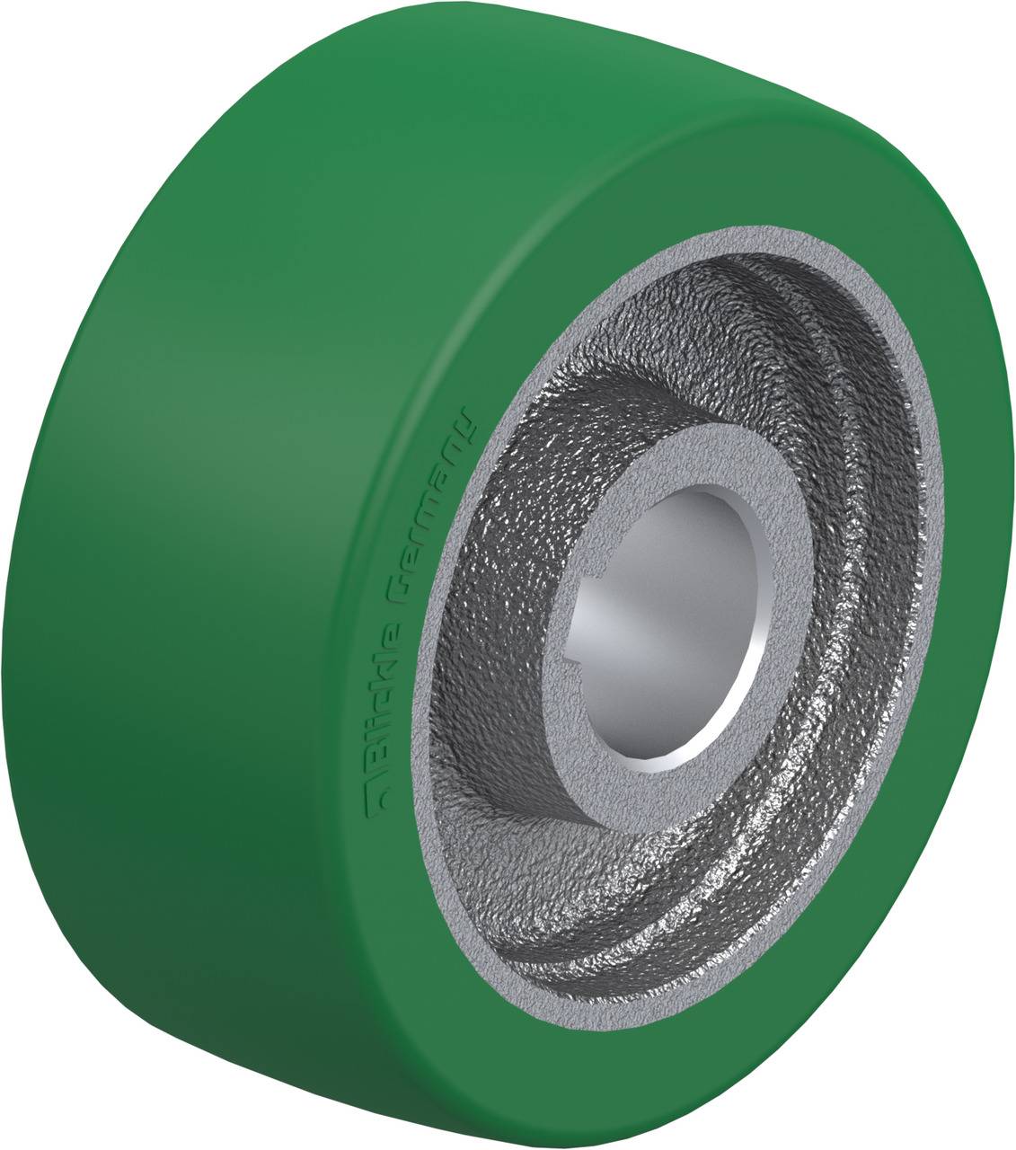 Grünes Rad mit metallischem Innenring, geeignet für technische Anwendungen und Industrieausrüstungen.