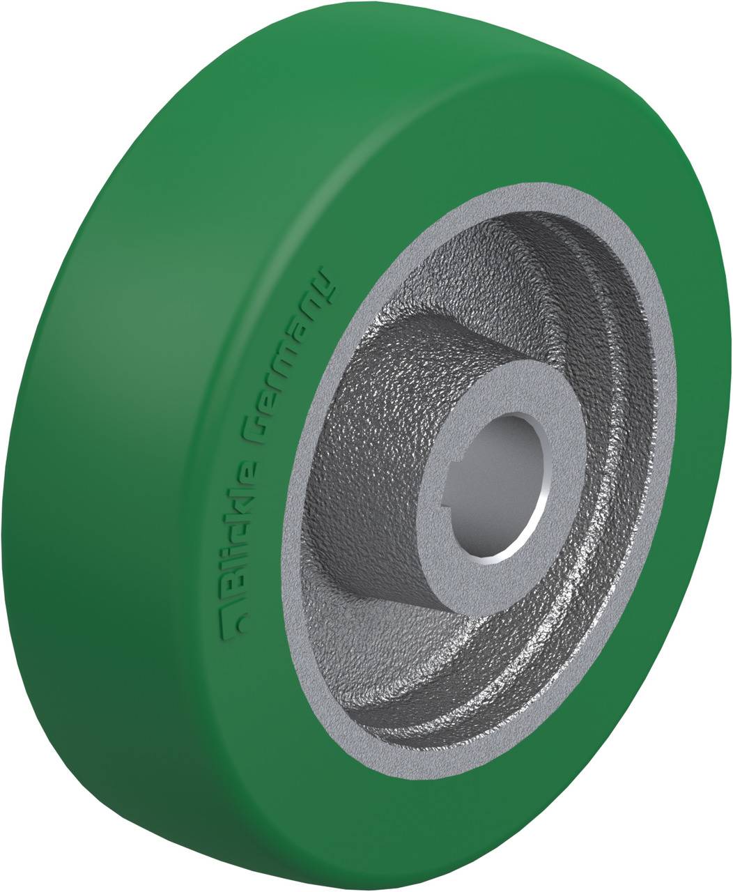 Grünes Rollenrad mit metallischer Innenstruktur und Aufschrift 'Blickle Germany'.