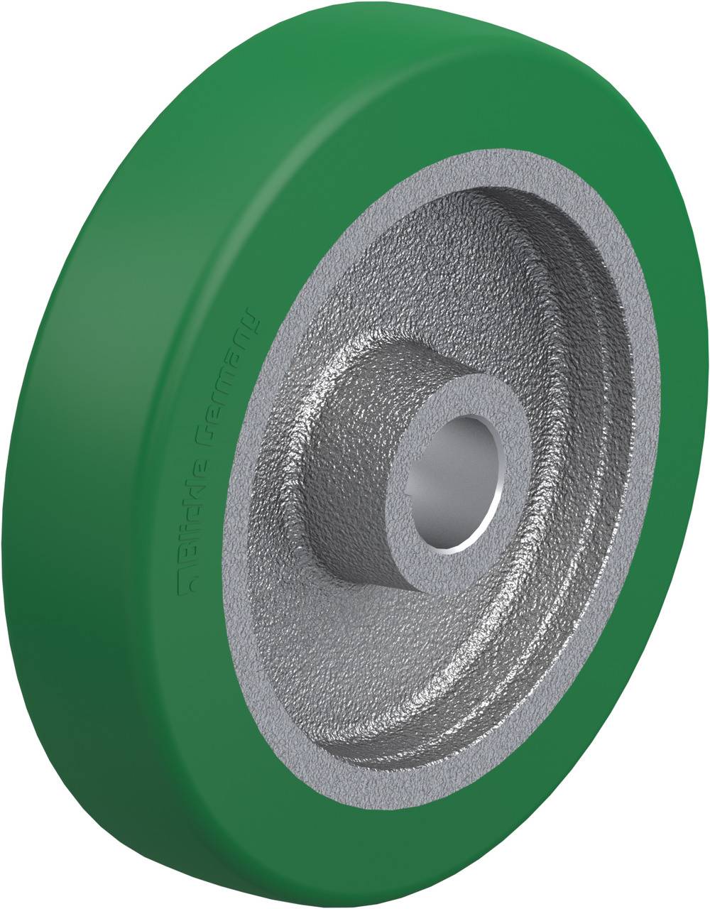 Grünes Rad mit silbernem Innenkern. Verwendet in Transport- oder Maschinenanwendungen.
