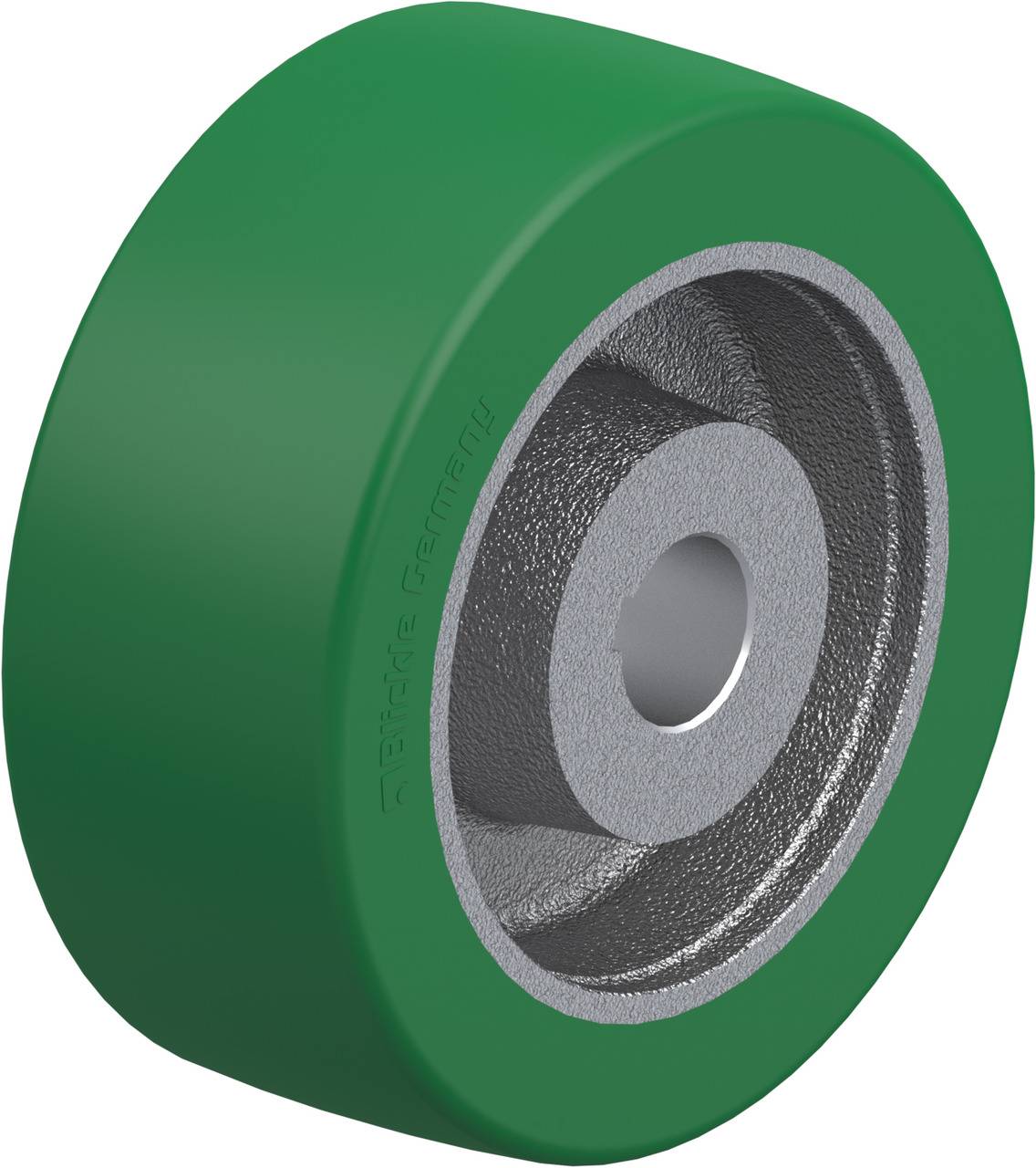 Grünes Rad mit silbernem Innenkern aus Metall; verwendet für industrielle Anwendungen.