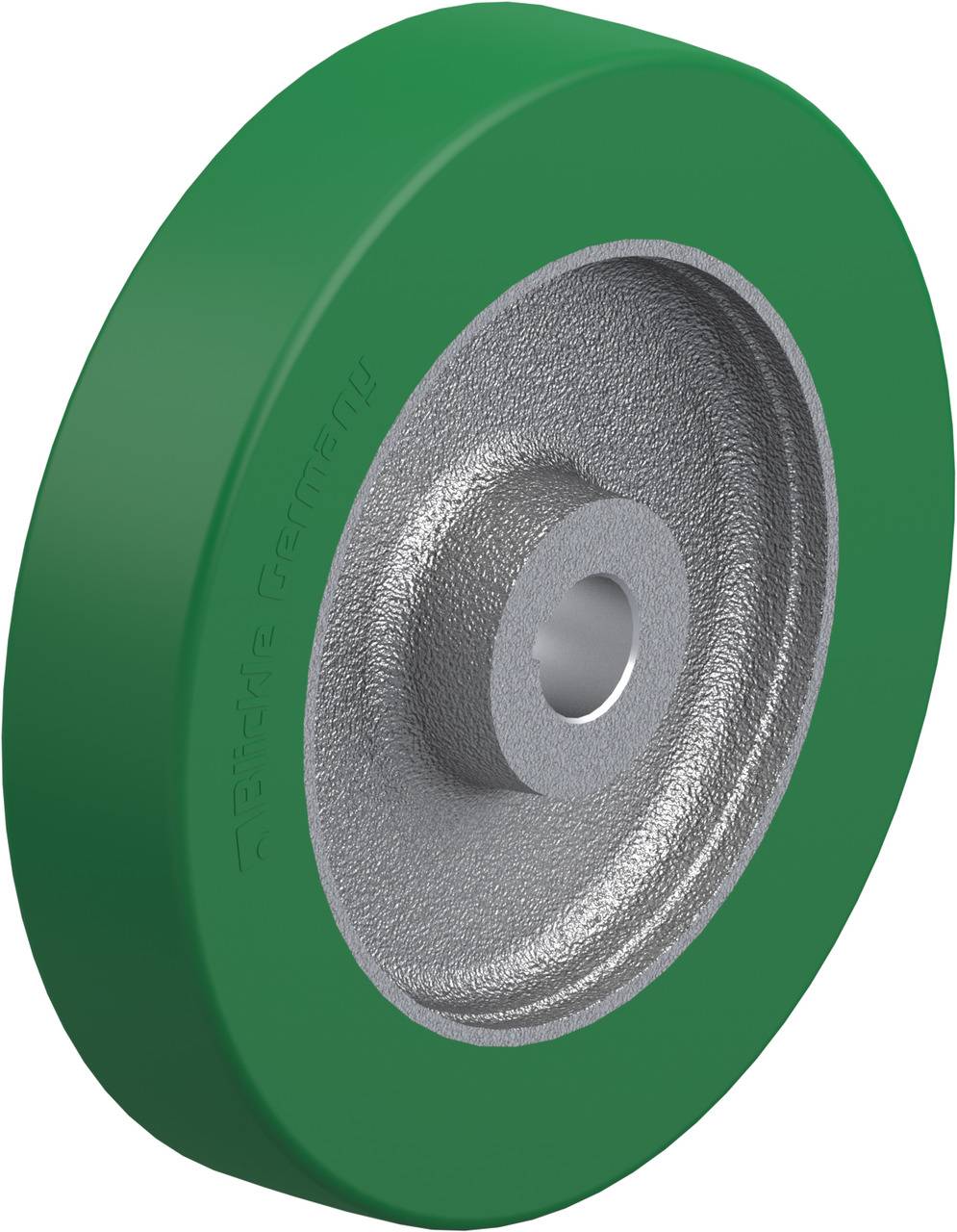 Ein grün beschichtetes Rad mit metallener Mitte.