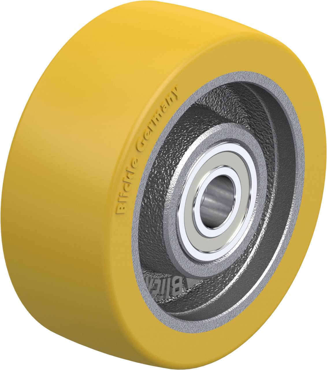 Gelbes Rad mit Metallkern und Kugellager von 'Blickle Germany', möglicherweise für Transportwagen oder Rollen geeignet.